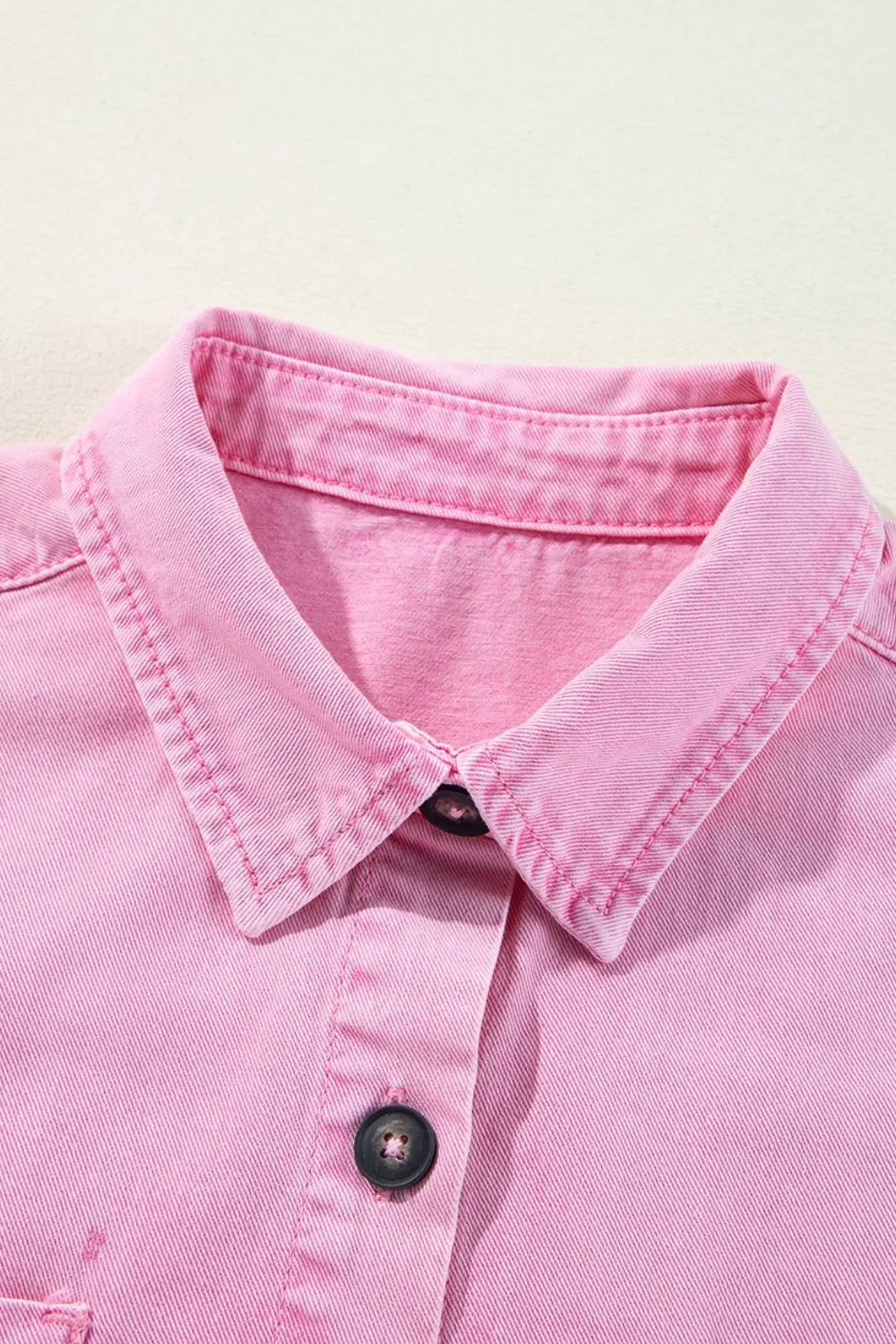 closeup of Pink Button Down Short Sleeve Denim Dress collar