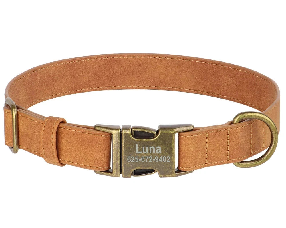 Personalized Dog ID Engraved Metal Buckle Collar brown