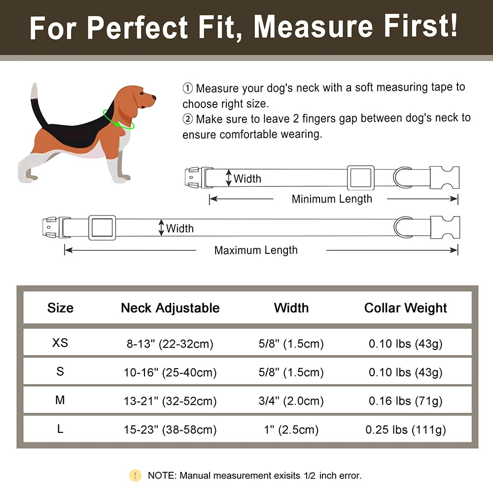 Personalized Dog ID Engraved Metal Buckle Collar size chart
