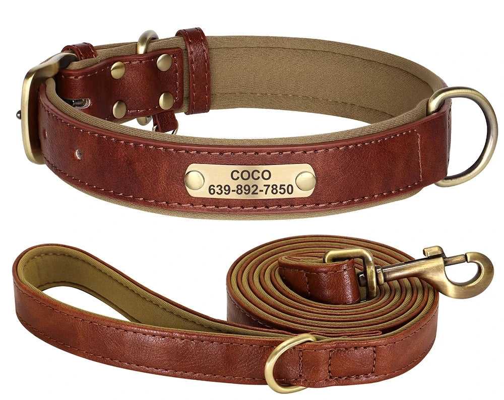Personalized Dog ID Padded Collar Leash Set - brown