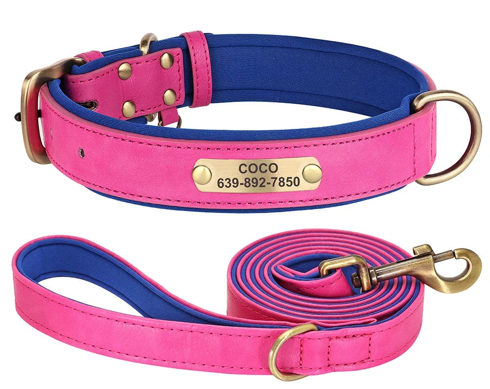 Personalized Dog ID Padded Collar Leash Set - rose