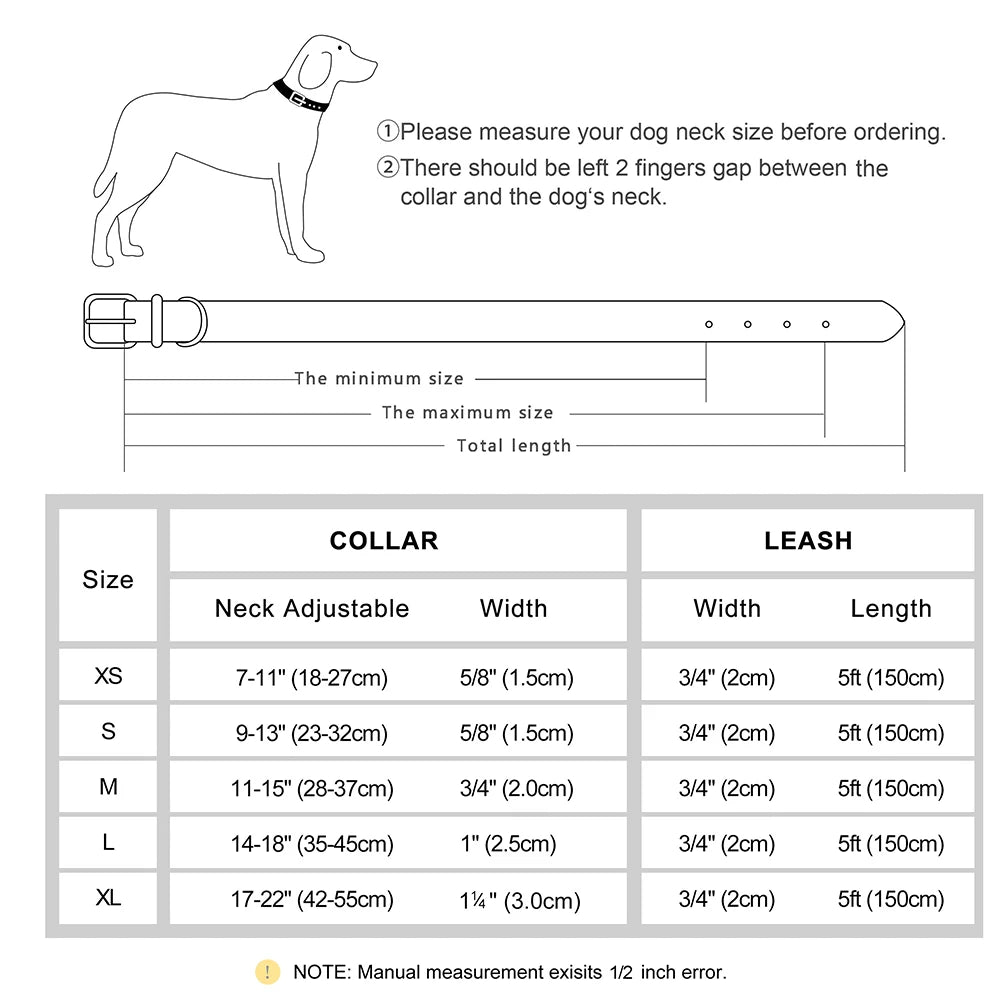 Personalized Dog ID Padded Collar Leash Set Size Chart