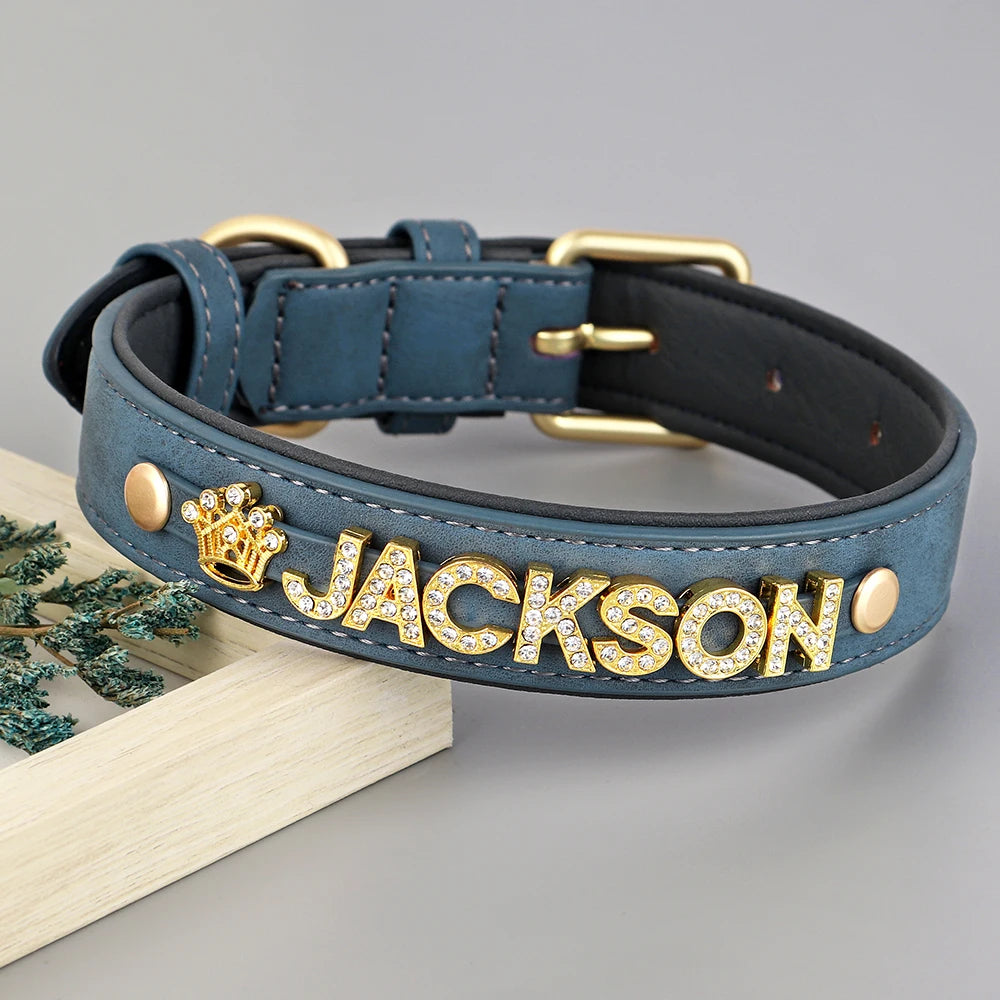 Personalized PU Leather Rhinestone Dog Name Collars blue