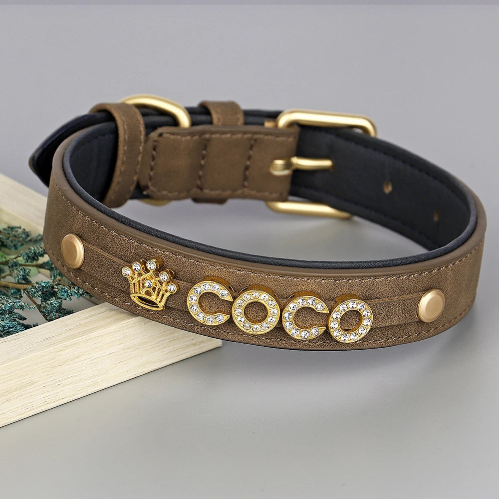 Personalized PU Leather Rhinestone Dog Name Collars brown