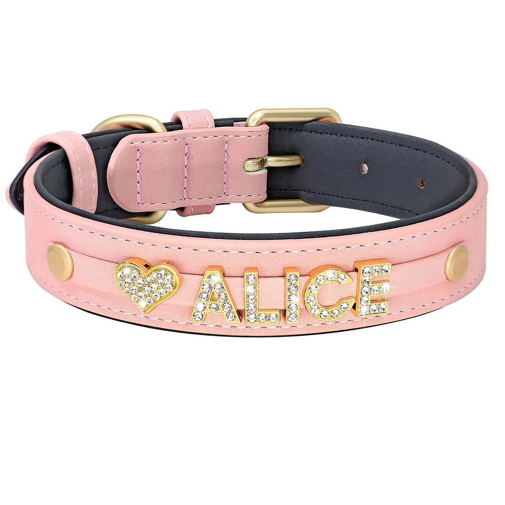 Personalized PU Leather Rhinestone Dog Name Collars pink