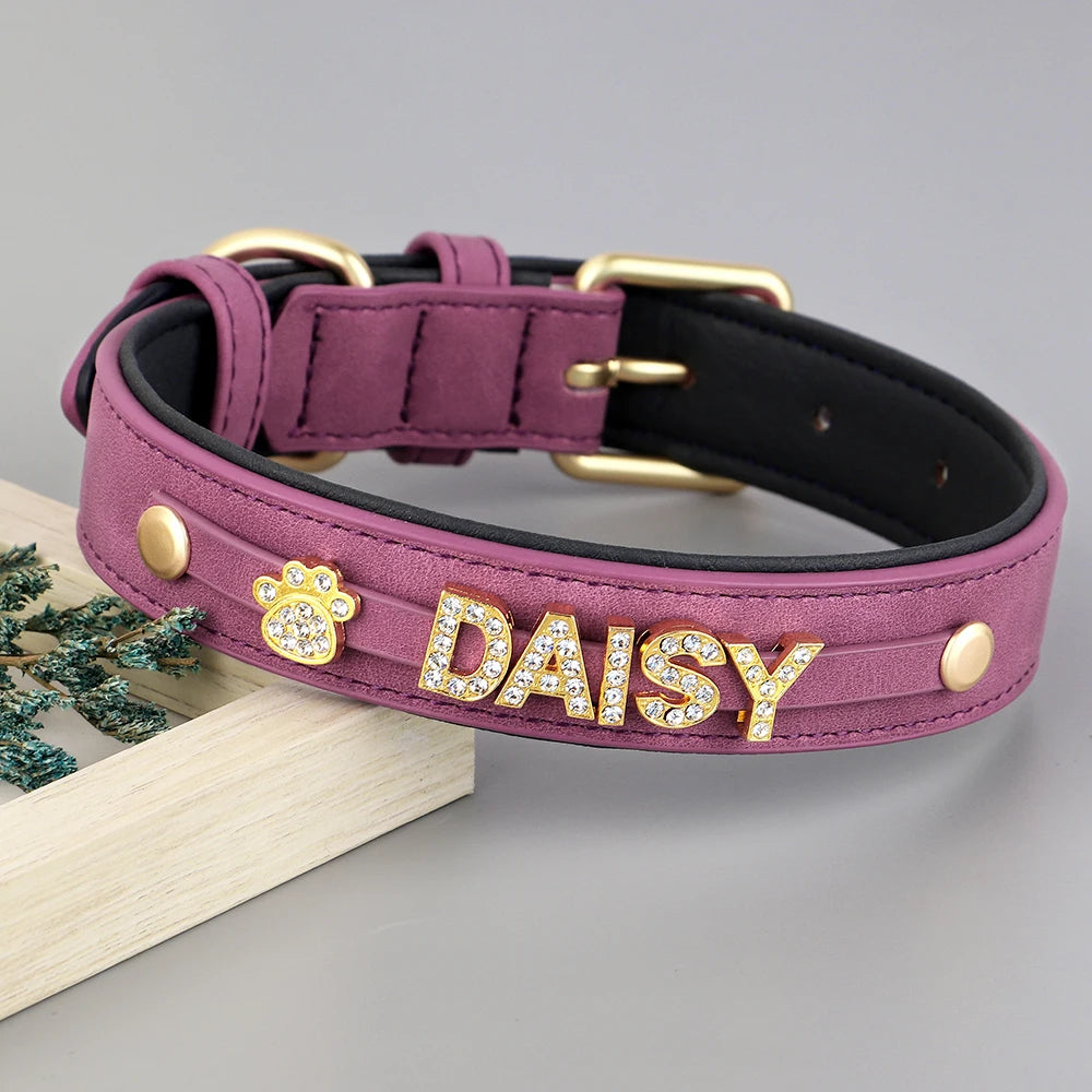 Personalized PU Leather Rhinestone Dog Name Collars plum