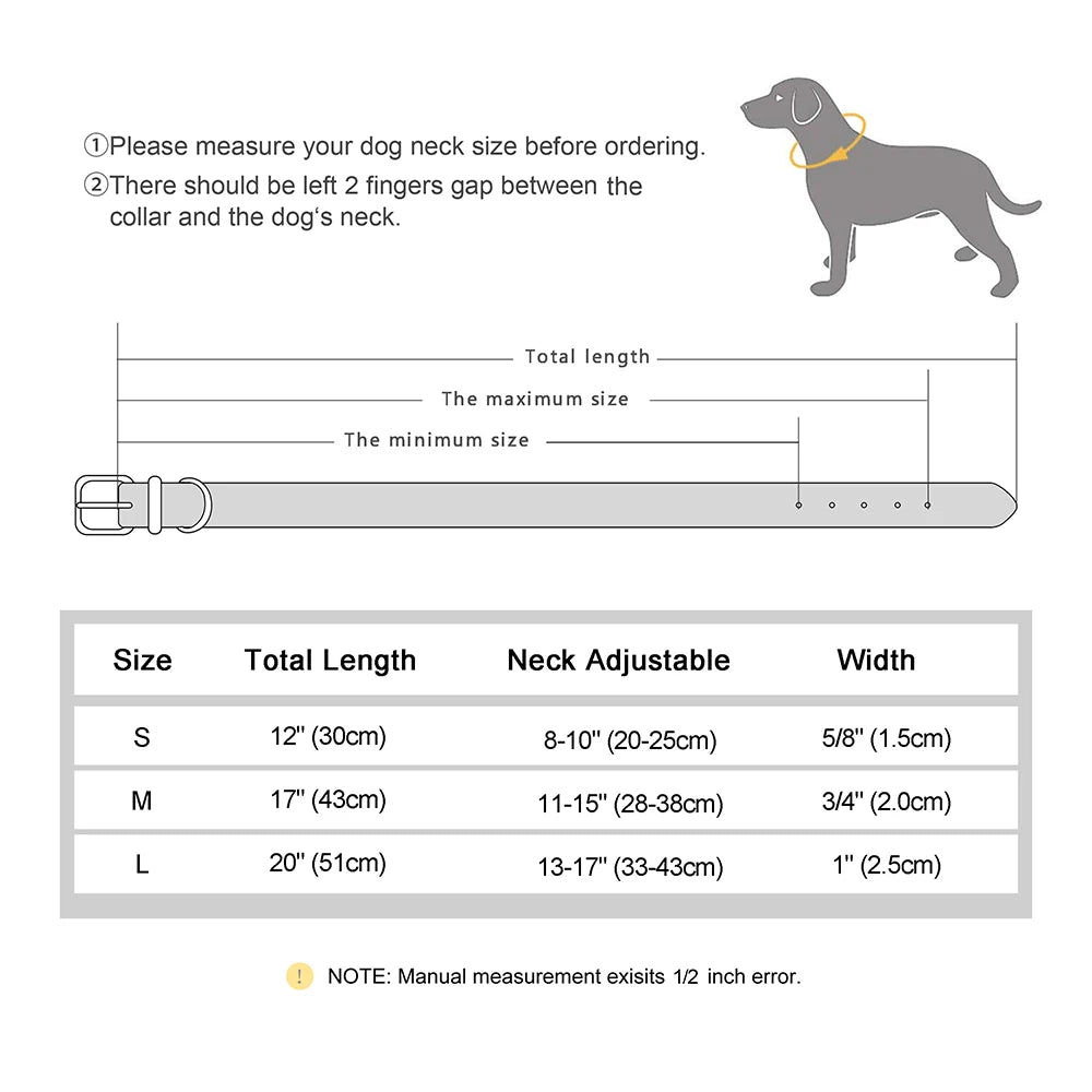 Personalized PU Leather Rhinestone Dog Name Collars size chart
