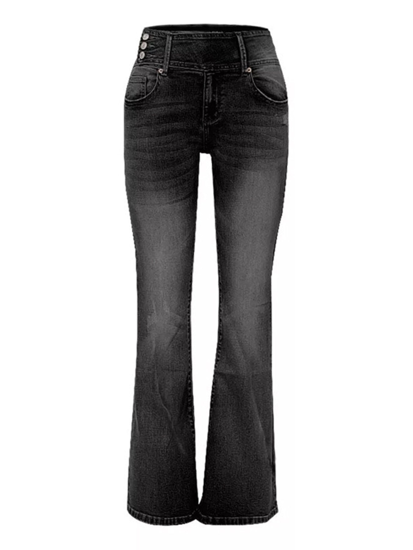 Black flared jeans on a white background