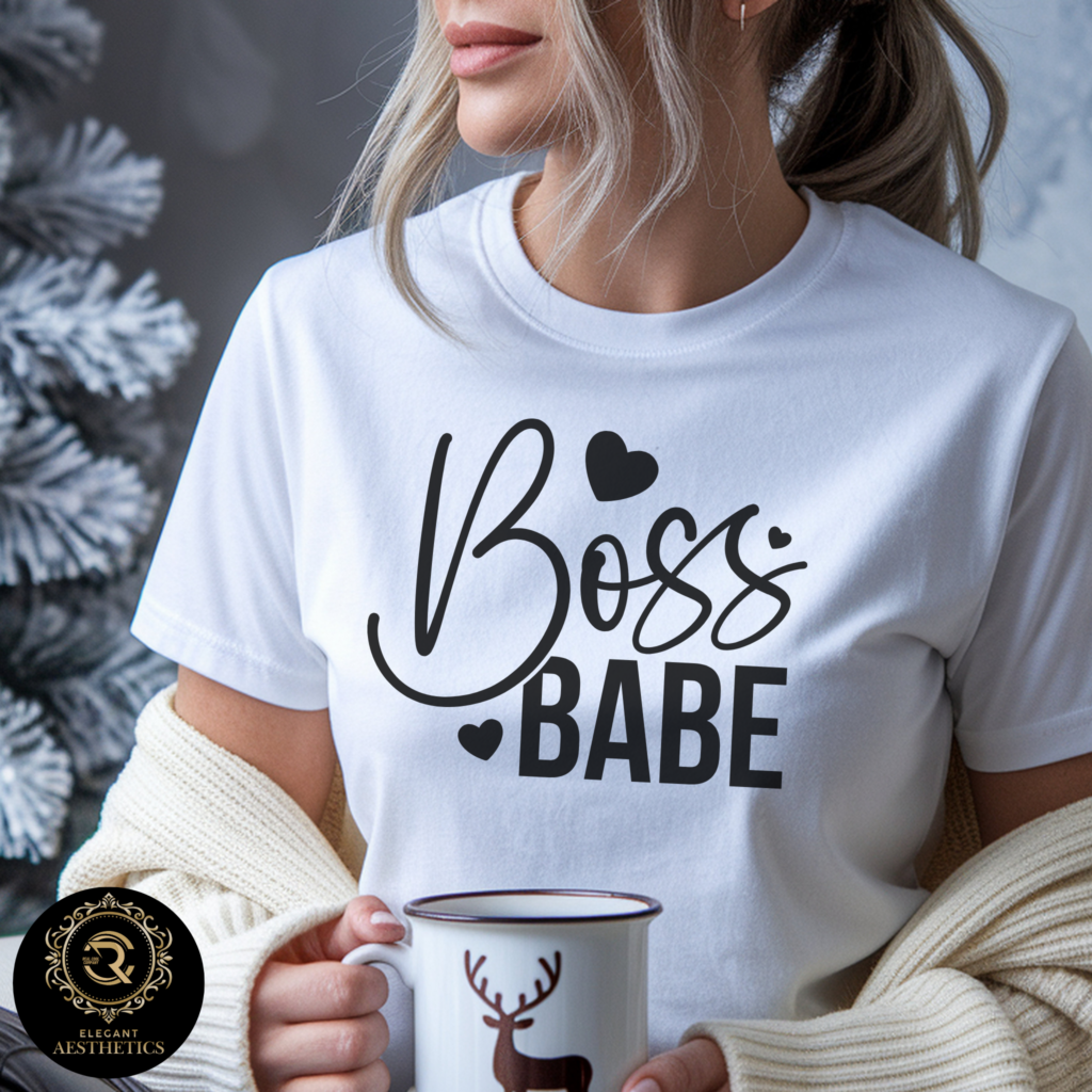 woman wearing white t-shirt with 'boss babe' quote